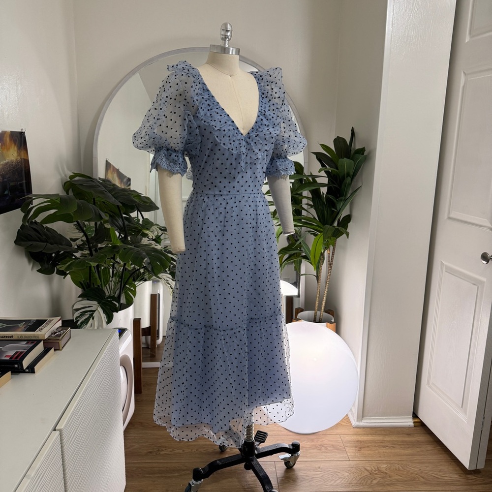 NWOT Topshop Spot Taffeta Occasion Dress - Blue Polka Dot Midi - Size 8